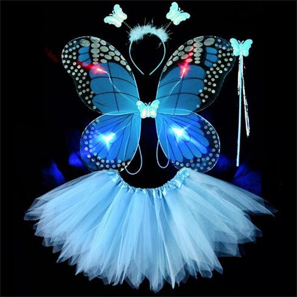 

kids 4pcs fairy costume set led simulation butterfly wings pointed tutu skirt headband wand princess girls party dress up gc2143, Blue