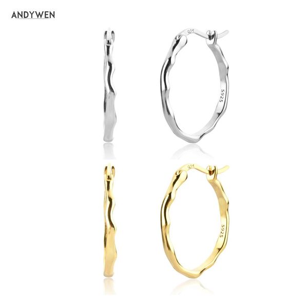 

huggie andywen new 925 sterling silver gold irregular geometric slim hoops women huggies clips piercing luxury jewelry clips circle, Golden;silver