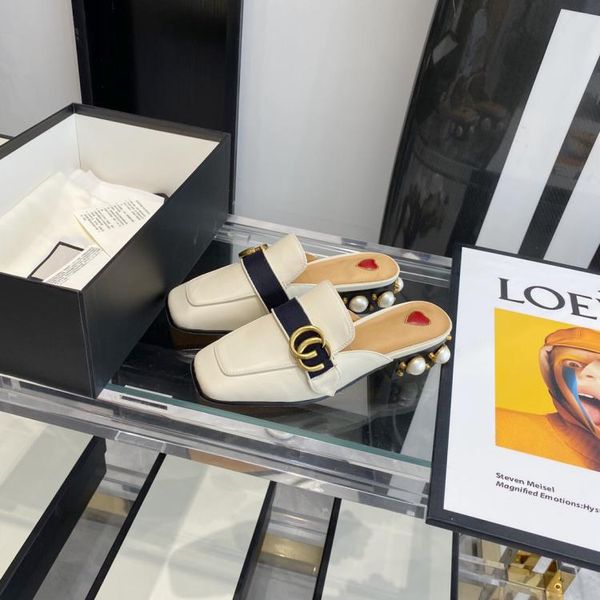 

2023 summer new leather pearl women's slippers luxury designer thick heel square head loafer women's shoes baotou flat mueller sho, Black