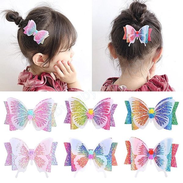 

rainbow glitter hair clips for girls butterfly hairpins fashion children kids barrettes princess bows hair accessories, Slivery;white