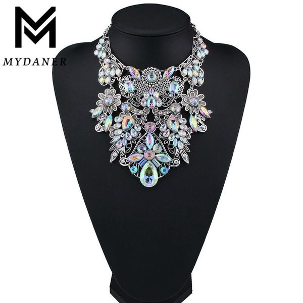

necklaces mydaner fashion brand rhinestone multicolored bohemian good quality chunky collar women choker maxi statement necklace jewelry, Silver
