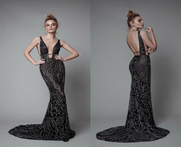 

black berta evening gown deep v neck backless illusion mermaid dresses evening wear full beads elegant prom dress formal occa6661694, Black;red