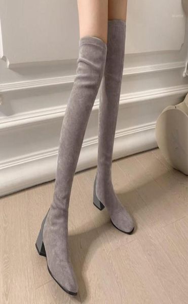 

womens over the knee thigh high boots 2022 winter ladies shoes suede middle block heels stretch socks long size 42 435843659, Black