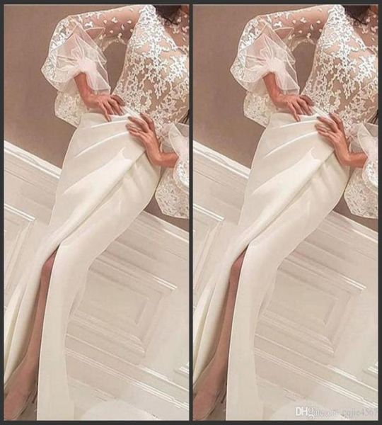 

2019 evening dresses gowns floor length high neck lace appliques long big sleeve mermaid side slit prom dresses white arabi4931616, Black;red