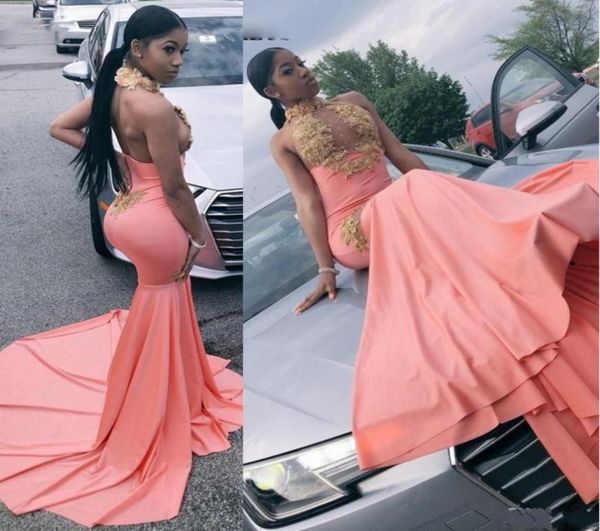 

2022 mermaid high neck prom dresses with gold appliques bodice sweep train long party gowns for black girls vestidos6370548
