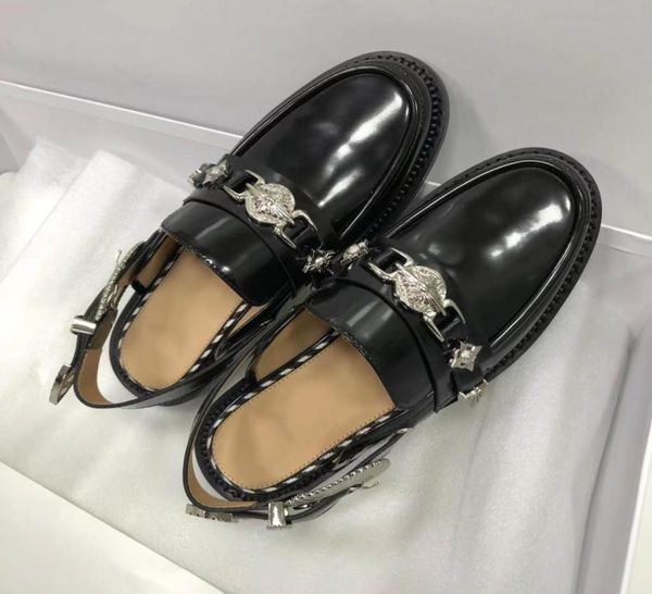 

classic ladies flat dress shoes vintage round toe gold chain mules black loafers large size 3541 with box9862678