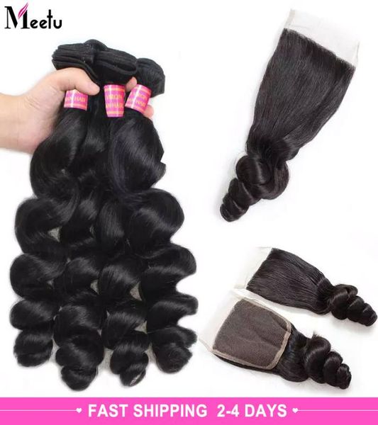 

meetu 10a mink brazilian loose wave with lace closure 4 bundles virgin hair weave wet and wavy brazilian human hair bundle with cl6540080, Black