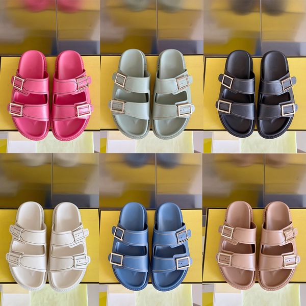 

luxury fashion f sandals designer pink cowhide leather slippers womens mens slides paltform slides buckle strap flat casual shoes flip flops, Black