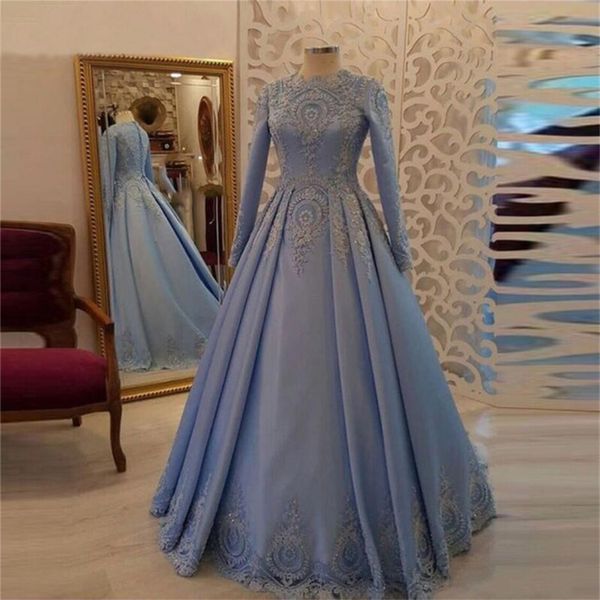 

modest light blue muslim evening dresses a-line long sleeves lace appliques satin islamic dubai saudi arabic elegant formal party gowns prom, Black;red