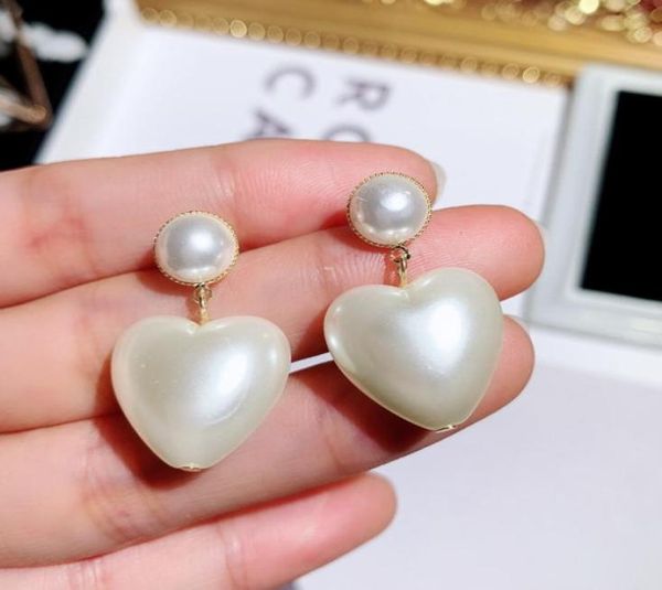 

new ins fashion luxury designer cute lovely sweet heart pearl pendant dangle chandelier stud earrings for woman girls s925 silver 3011662, Golden;silver