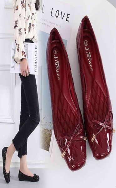 

new arrival patent leather flat women ballet flats shoes women plus size 41 black square toe bowtie comfort shoes black for lady 86606582