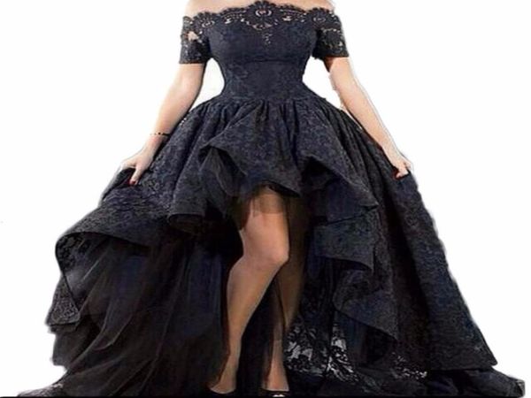 

2019 new black lace strapless off the shoulder short sleeves high low prom dresses lace evening party gowns vestido longo al099787644