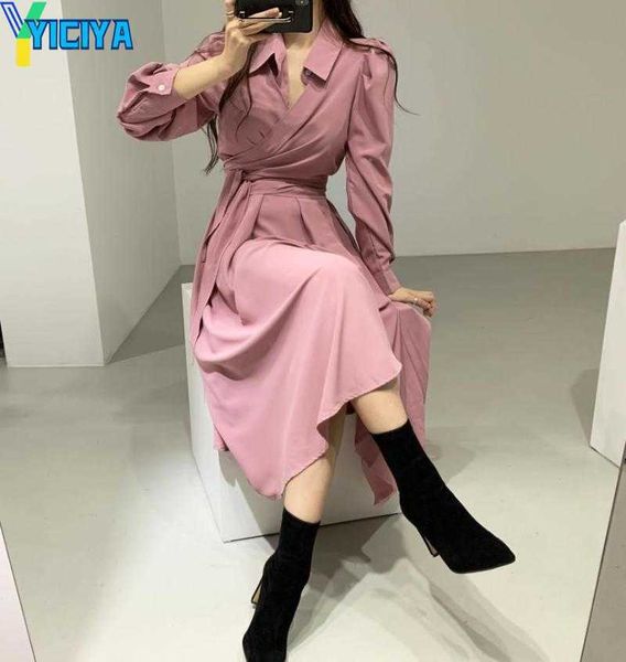 

yiciya casual dresses office lady turn-down collar ruched sleeve a-line dress women solid bandage waist female midi autumn fashion vestido f, Black;gray