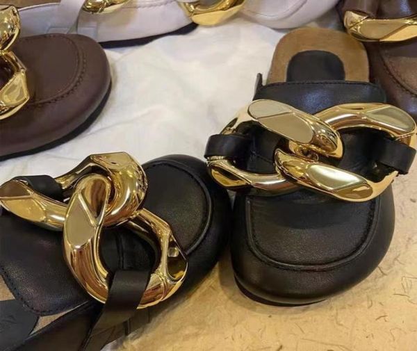 

t2021042005 40 big gold chain slides sandals flats shoes calf skin genuine leather black brown white fashion casual8896017