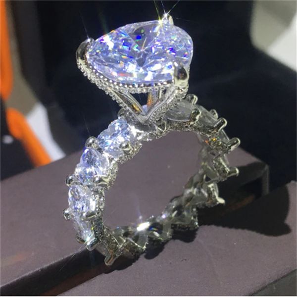 

luxury heart ring real 925 sterling silver bijou 8ct aaaaa cz engagement wedding band rings for women men vintage party jewelry, Slivery;golden