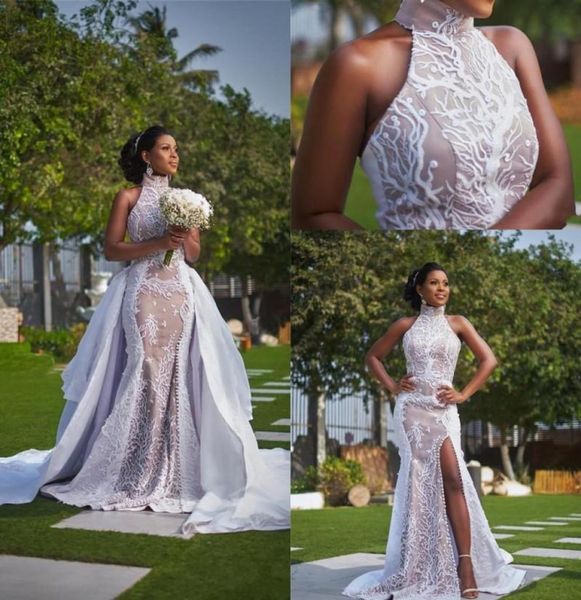 

black girl lace mermaid split wedding dresses with detachable skirt 2022 illusion lace applique wedding bridal gowns robes de mari4082500, White