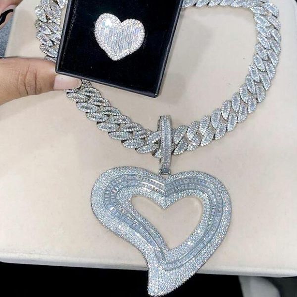 

necklaces iced out bling cz big hollow heart pendant necklace full paved baguette 5a cubic zirconia hip hop luxury women lady jewelry, Silver