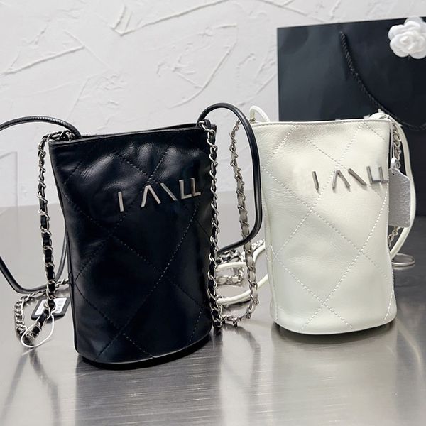 

women designer phone holder bag with coins charm calfskin leather silver letter metal hardware matelasse chain crossbody shoulder bucket pur