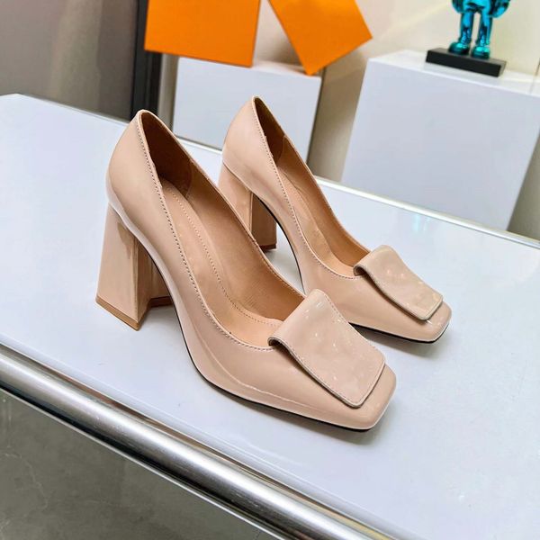 

shake pumps dress shoes women black patent calf leather lambskin lining leather outsole metal embossed chunky lady heel shoes summer dress s