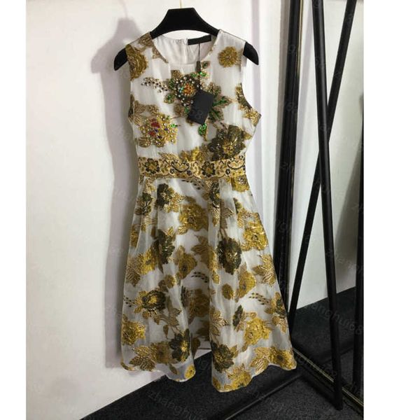 

23ss womens designer clothing summer dresses women dress heavy industry diamond-encrusted embroidery flower tucked waist sleeveless vest dre, Black;gray