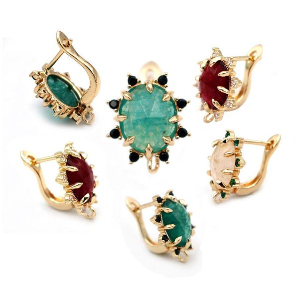 

knot 6pairs cz paved natural stone earrings with loop green red black agate stone clip earrings for diy women drop dangle earring, Silver