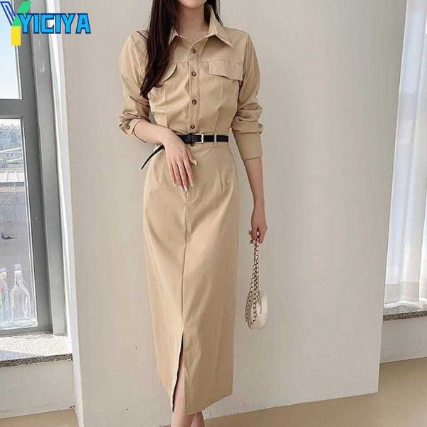 

yiciya casual dresses women autumn fashion retro button midi shirt long sleeve vintage a-line belt maxi vestido korean slim elegant dress, Black;gray