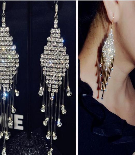 

silver gold plated bridal crystal drop earrings 10cm shiny women girls jewelry rhinestone chandelier tassel earrings wedding acces4309970, White