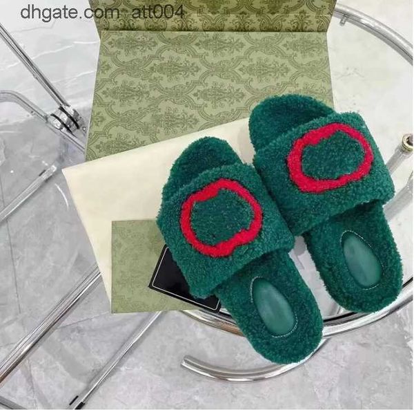 

with original box luxury ladies flat slippers premium wool ladies classic sandals plush green white casual wearproof sandal fashion warm wom, Black