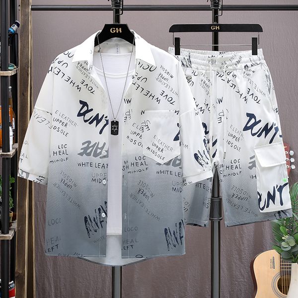 

men s tracksuits suit full graphic shirt shorts korean high street harajuku mens fashion clothing trends 230522, Gray