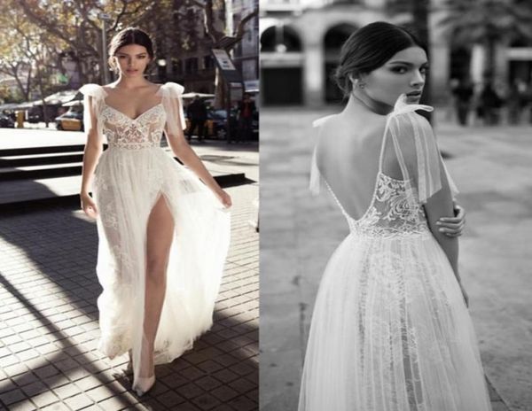 

stylish lace beach wedding dresses spaghetti straps v neck bohemian backless bridal gowns a line tulle boho pearls vestido de novi6443080, White