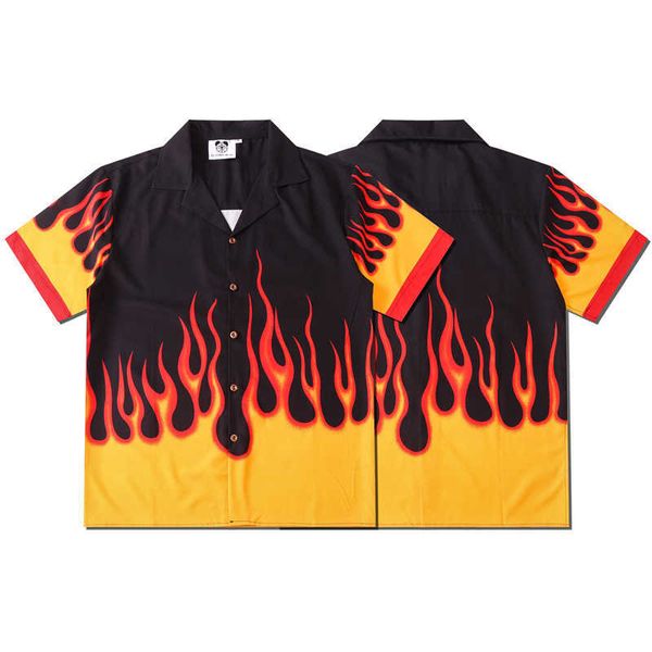 

new flame digital printing trendy street casual loose short sleeve shirt for men and women, Gray