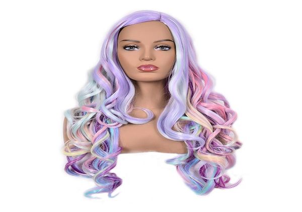 

woodfestival purple wavy colored wigs for women rainbow synthetic wig female cosplay long hair pink red blue orange green grey bro2857783, Black