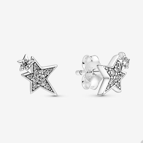 

sparkling asymmetric stars stud earrings for pandora 925 sterling silver party jewelry designer earring set for women crystal diamond earrin, Golden;silver