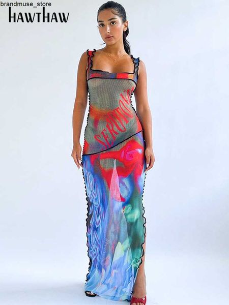 

casual dresses hawthaw women fashion mesh see through bodycon beach vacation long dress 2023 summer clothes wholesale items for business j23, Black;gray