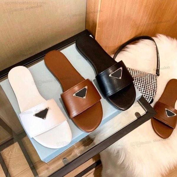 

designers women slipper sandals flat slides flip flops summer genuine triangle leather outdoor loafers bath shoes beachwear slippers black w