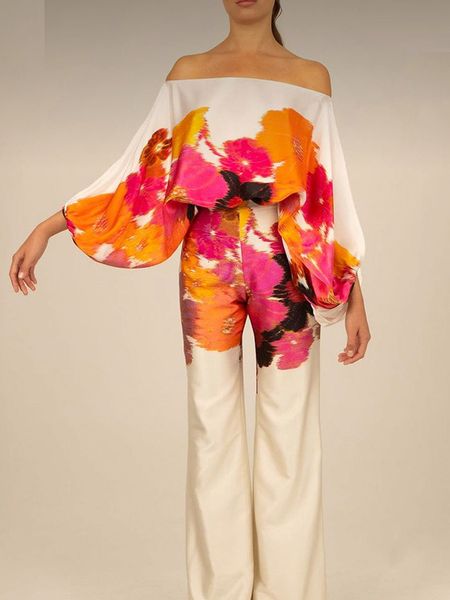 

women s two piece pants spring summer loungewear women slash neck long batwing sleeve 2 pieces matching sets 2023 printing wide leg ladies o, White