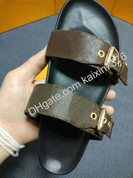

wholesale designer man slipper fashion 2 straps with adjusted gold buckles women summer flip flops 35-46 box and dust bag, Black