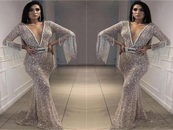 

sparkly silver prom dresses bling bling sequined mermaid evening gowns deep v neck long sleeves with tassel arabic formal party dr8756283, Black