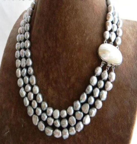 

3strands 18039039 9mm gray baroque freshwater pearl necklace4861887, Silver
