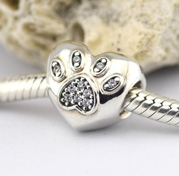 

925 sterling silver heart paw charm beads with cubic zirconia fits pandora diy fine jewelry bracelets necklaces8693414