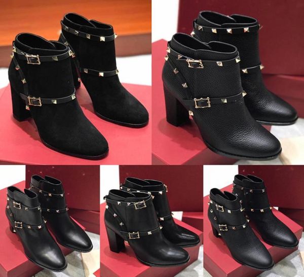 

womens high heels ankle boots winter leather shoes with granulated calfskin rivet 2020 new fashion australia cowboy combat boo5597667, Black