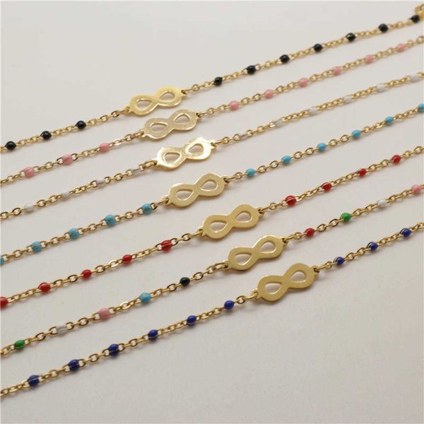 

anklets stainless steel bracelets enamel gold color multicolor infinity symbol women hand link chain jewelry gifts 18cm long 1 piece g220519, Red;blue
