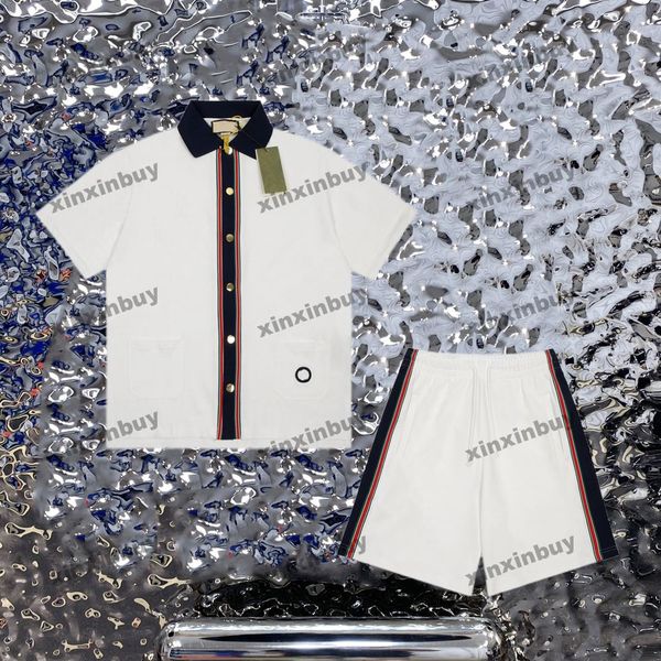 

xinxinbuy men designer tee t shirt 23ss ribbon panelled pocket milan short sleeve cotton women black white blue s-xl, Black;brown