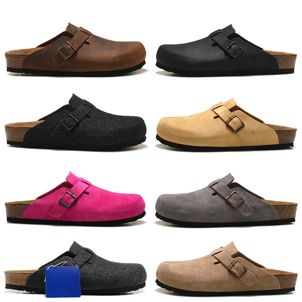 

2023 luxury boston clogs designer sandals outdoor oiled leather bag head pull suede cork silder autumn winter loafers shoes classic tan brow, Black