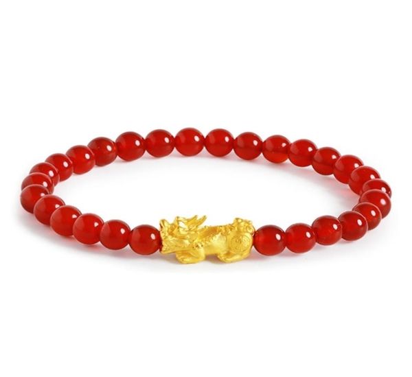

999 real 24k yellow gold bracelet woman 3d luck bless pixiu charm with red agate beads adjustable 2203092625553, Golden;silver