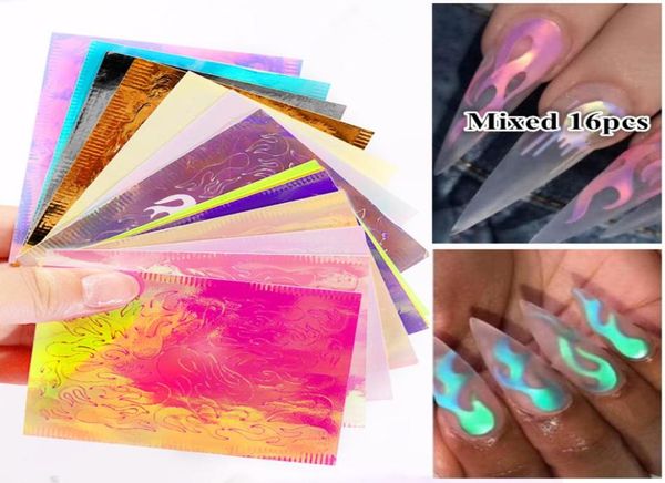 

16pcs per pack fire flame nail vinyls stickers 3d holographic glitter laser flames nails art foil transfer2771225, Black