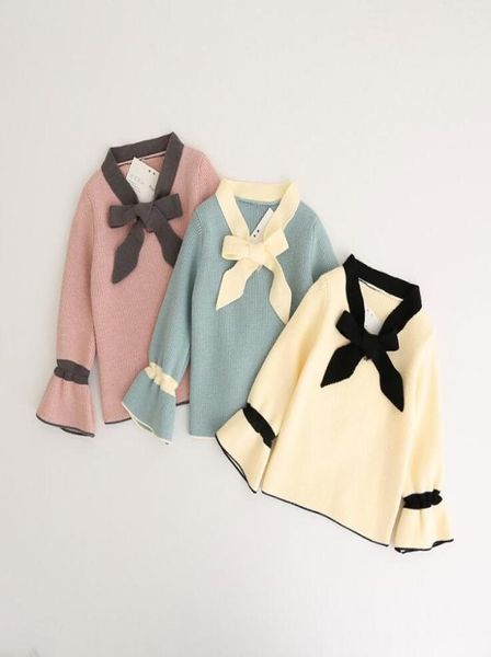 

2017 children039s sweaters autumn winter new baby girls fashion bow blue patchwork horn sleeve sweaters pullover kids clothing3989229