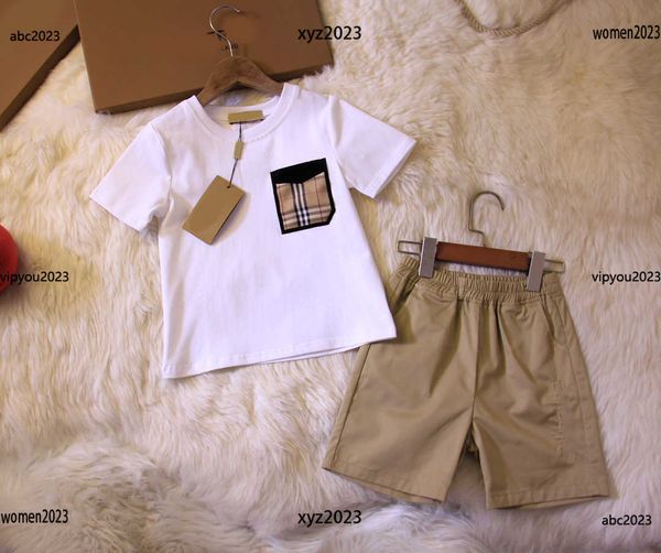 

luxury kids designer clothes child sets baby clothes 2pcs checkered pocket decoration t-shirt and shorts #multiple product, White