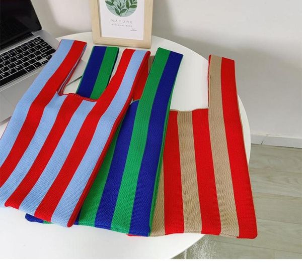 

evening bags handbags japan south korea contrast color striped vest knitted shoulder tote bag woven shopping bagevening6995858