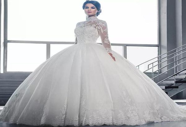 

2019 vintage puffy ball gown wedding dresses arabic high neck illusion lace applique crystal beaded sweep train formal brida6014195, White